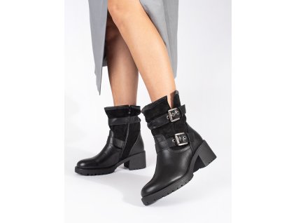 Černé kotníkové boty dámské na podpatku se sponou (Velikost 36)
