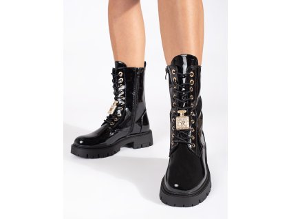 Černé lakované kotníkové boty šněrovací workery na platformě s ozdobou (Velikost 36)