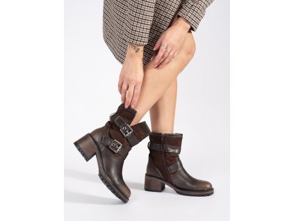 Hnědé dámské kotníkové boty na podpatku se sponami (Velikost 36)