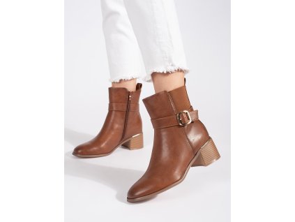 Hnědé dámské kotníkové boty na sloupkovém podpatku s přezkou (Velikost 36)
