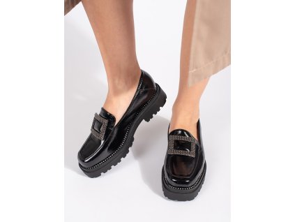 Černé dámské mokasíny na platformě ozdobené přezkou a krystalky (Velikost 36)