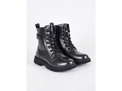 Černé lakované dívčí kotníkové boty na šněrování (Velikost 36)