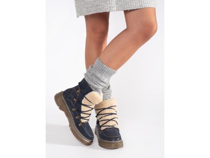 Tmavě modré zateplené traperky na šněrování s kožešinkou beránkového typu (Velikost 36)