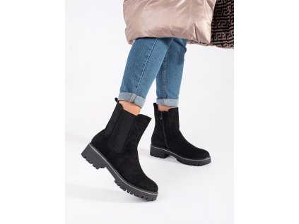 Černé ploché semišové kotníkové boty s částečně elastickým svrškem (Velikost 36)