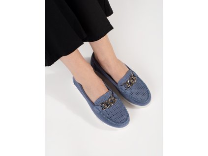 Kožené modré mokasíny s řetízkem na platformě (Velikost 36)