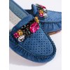 Modré dámské mokasíny dírkované s krystalky