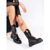 Černé lakované kotníkové boty šněrovací workery na platformě s ozdobou (Velikost 36)