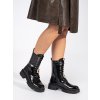 Černé lakované kotníkové boty šněrovací workery na platformě s ozdobou (Velikost 36)