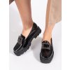 Černé dámské mokasíny na platformě ozdobené přezkou a krystalky