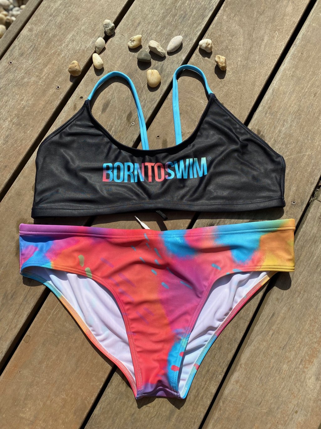 Women s Rainbow bikini with black BornToSwim Born To Swim