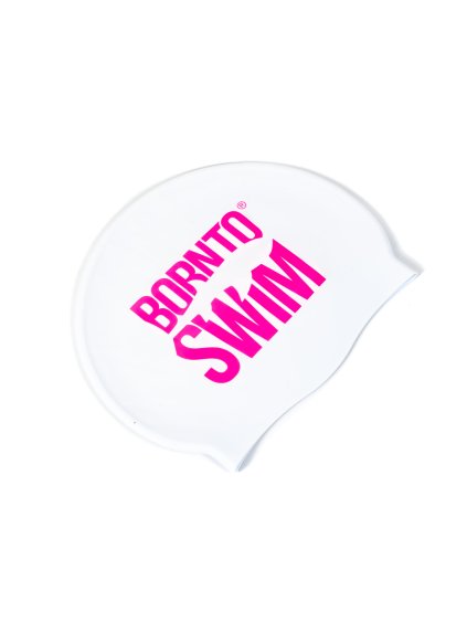 Silicone cap white BornToSwim® Classic, large colour logo - Pink