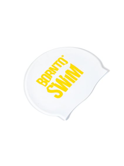 Plavecká silikonová čepice BÍLÁ BornToSwim® Classic ŽLUTÉ logo