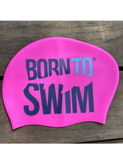 Silicone cap white BornToSwim® Classic, large color logo - Blue