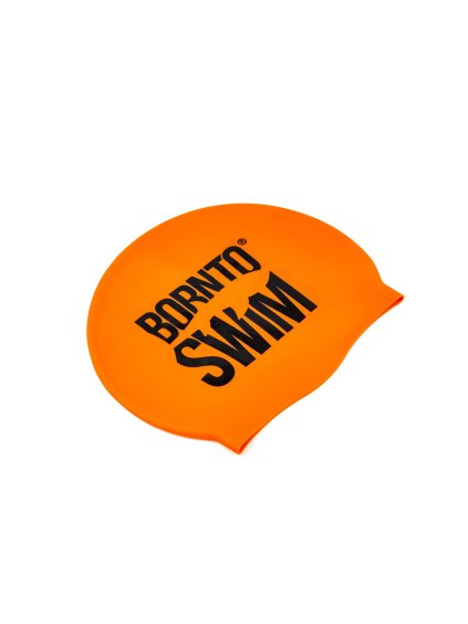 Plavecká silikonová čepice REFLEXNĚ ORANŽOVÁ BornToSwim® ČERNÉ logo