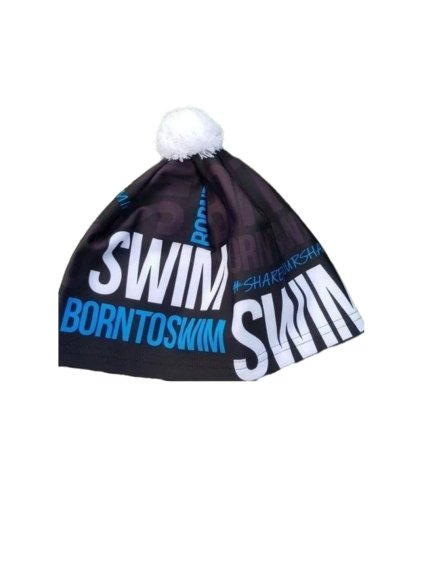 Zimní čepice černá BornToSwim® s modrým logem a bílou bambulí