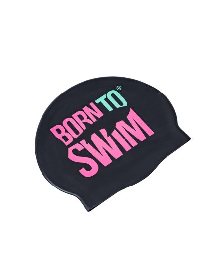 Silicone cap BLACK BornToSwim® with PINK and MINT logo