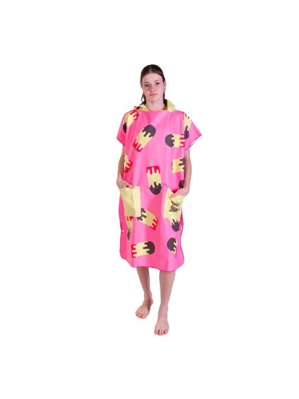 Poncho mit Kapuze für Erwachsene - rosa/gelb