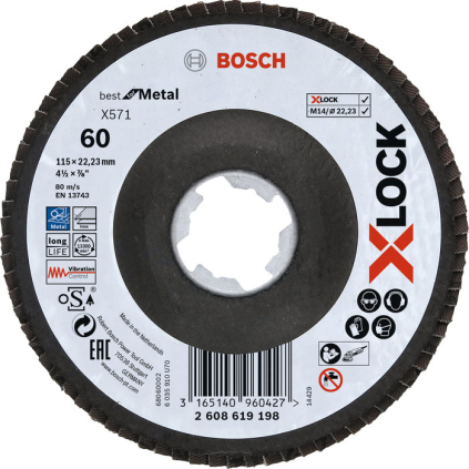 2608619198 Bosch Vejárovitý kotúč X571 X-LOCK Best for Metal, fibrová doska, prelis, 115 mm, P 60 3165140960427 - 