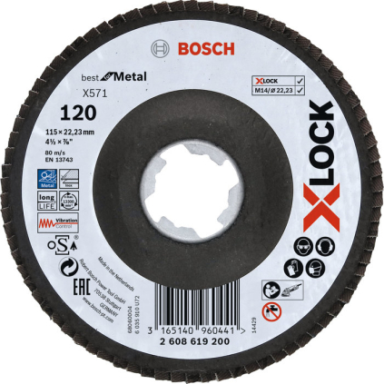 2608619200 Bosch Vejárovitý kotúč X571 X-LOCK Best for Metal, fibrová doska, prelis, 115 mm, P 120 3165140960441 - 