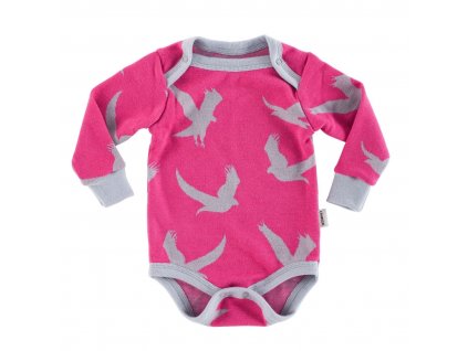 Merino rostoucí body dlouhý rukáv - ORLI NA RŮŽOVÉ/ŠEDÉ LEMY, Crawler