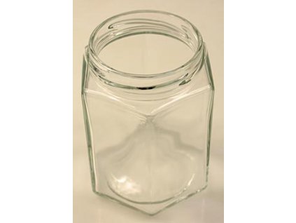 Glas, sechseckig, 287 ml, 63mm Mündung, für Schraubdeckel, St