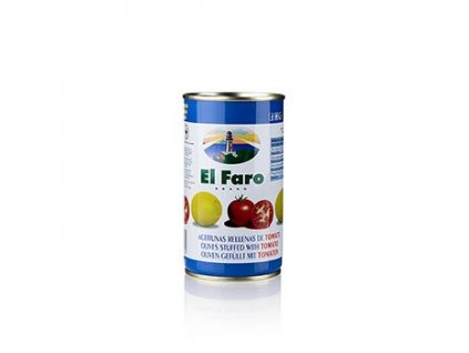 Grüne Oliven, mit Tomate, Manzanilla-Oliven, El Faro, 350 g