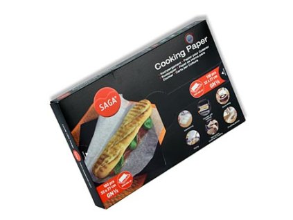Saga Kochpergament (Backpapier), auf 27 x 33cm geschnitten, im Spender, 100 Blatt
