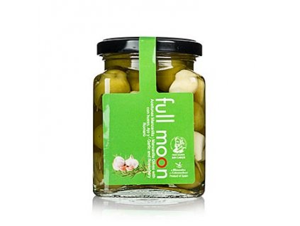 Grüne Oliven, ohne Kern, Manzanilla, mit Knoblauch &Rosmarin, San Carlos Gourmet, 300g