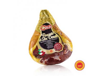 San Daniele šunka, celá, vykostěná, vyzralá nejméně 21 měsíců, g.U., cca 8 kg, cena je uvedena za 1 kg a přepočítává se dle přesné váhy