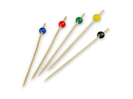 Bambusové špejle na špízy, s kuličkou, 4 barvy (červená, hnědá, žlutá, modrá), 15cm, 100 ks