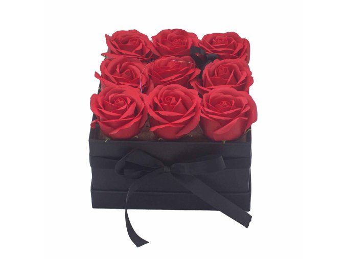 Dárkový Box z Mýdlových Květů 9 Červených Růží Čtverec