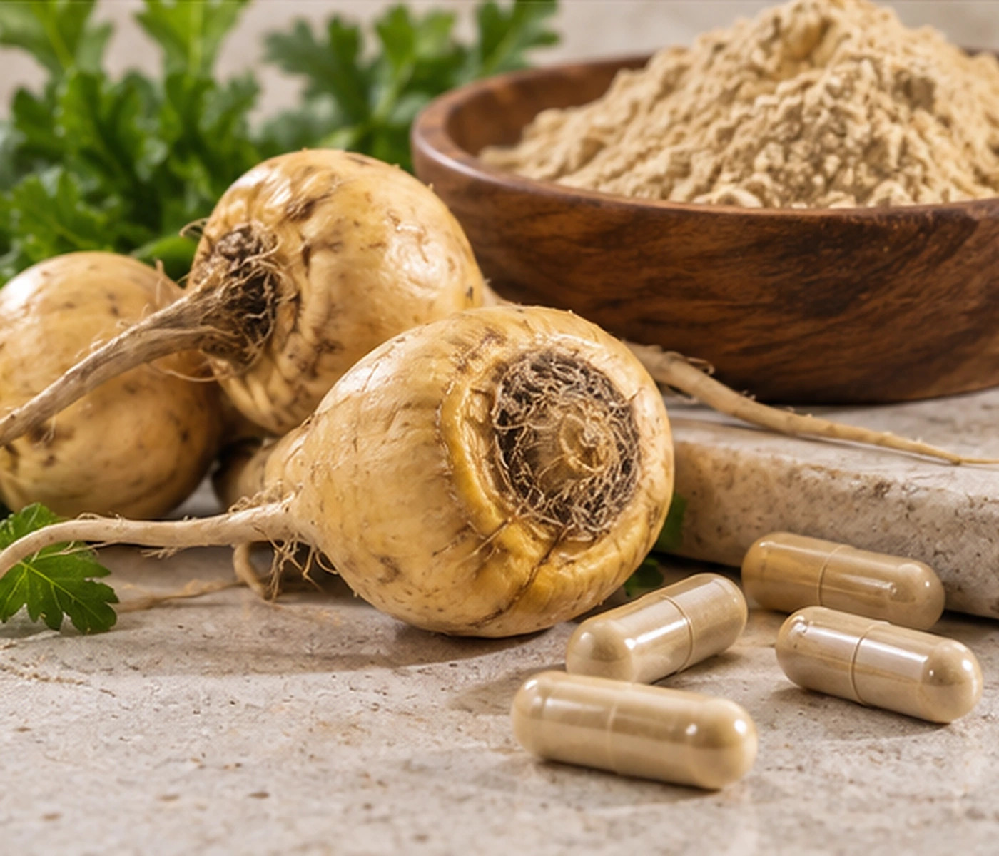 Maca a kapsula v produktovom zátiší