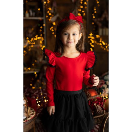 Dievčenské bavlnené vianočné tričko s volánikmi (Veľkosť 98, Farba Červená)