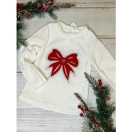 Dievčenské vrúbkované tričko s mašľou a kamienkami (Veľkosť 104/110, Farba Biela)