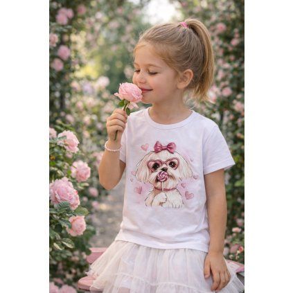 Bílé dívčí tričko se psem (Velikost 104/110)