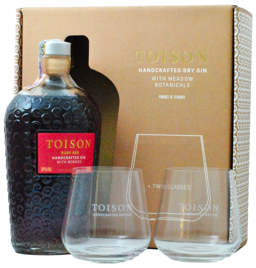 TOISON REMESELNÝ GIN RUBY RED 0.70L 38% + 2 POHÁRE GB (darčekové balenie 2 poháre)