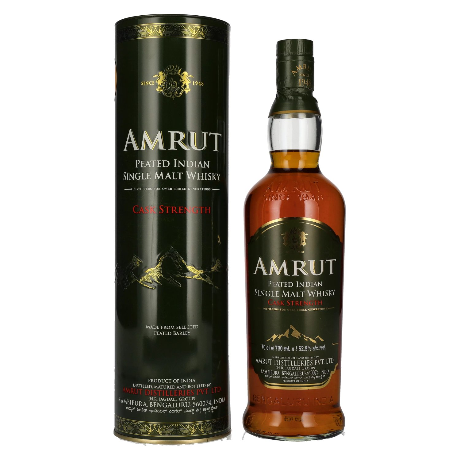 AMRUT INDIAN PEATED SINGLE MALT CASK STRENGTH 0.70L 62.8% GB (Tuba)