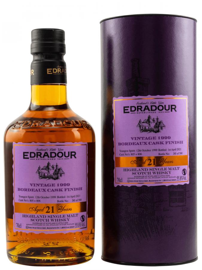 EDRADOUR BORDEAUX CASK FINISH 1999 21 YO 0.70L 55.8% GB (tuba)