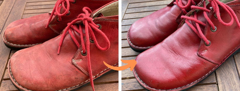 Odřené červené kožené boty a jejich oprava