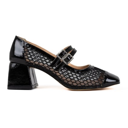 Dámské černé lodičky se síťkou a dvěma pásky přes nárt