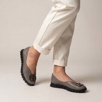 Dámské šedé kožené baleríny s ozdobnou sponou Letizia 2