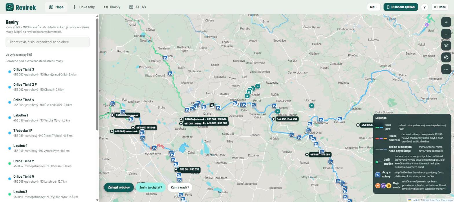 Mapa rybářských revírů v aplikaci Revírek