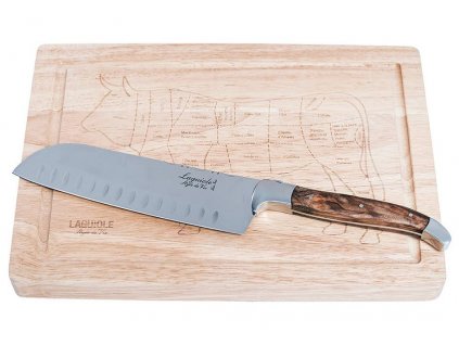Nůž Santoku s dřevěným prkénkem - rukojeť z olivového dřeva - Luxury