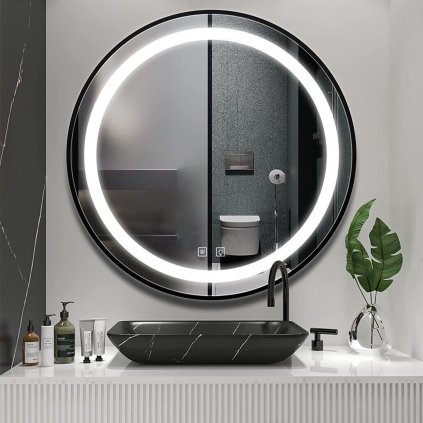 Zrcadlo ⌀70 cm s vyhříváním a regulovatelným LED osvětlením HOM-05513, černé