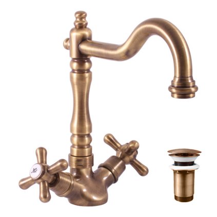 Umyvadlová/dřezová baterie s výpustí MORAVA RETRO - MK121.x/8SM, Stará mosaz (Bronz) (SLEZÁK RAV-Barva Stará mosaz, SLEZÁK RAV-Připojovací hadičky - závit 1/2")