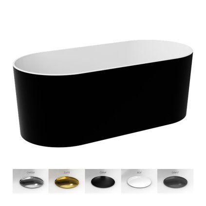 Volně stojící vana z litého mramoru Lova BW 160x74, bílá lesk/černá lesk