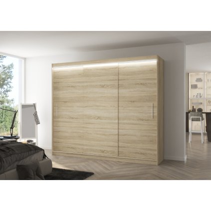 Šatní skříň posuvná s LED osvětlením ANTOS S 250 L, dub sonoma