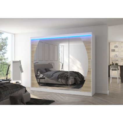 Šatní zrcadlová skříň posuvná s LED osvětlením CAMBE W-S 250 L, dub sonoma/bílá