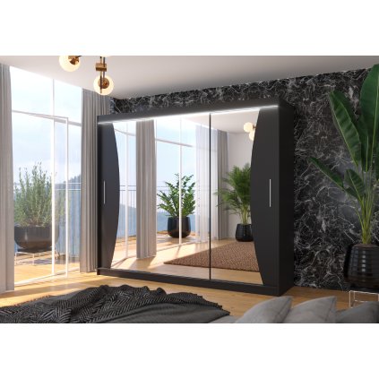 Šatní zrcadlová skříň posuvná s LED osvětlením DIEGO B 250 L, černá