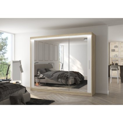Šatní zrcadlová skříň posuvná s LED osvětlením CHESTER S-W 250 L, bílá/dub sonoma